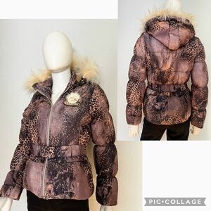 PULEDRO GIRLS DOWN PARKA REAL FUR TRIM‎ HOOD PUFFER QUILTED ANIMAL PRINT JACKET